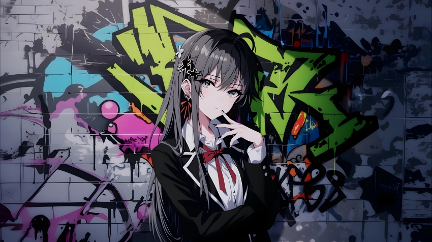 涂鸦墙前的制服少女