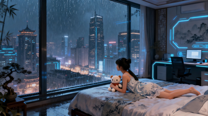 雨夜窗边少女