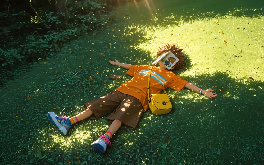 草地上的午睡少年