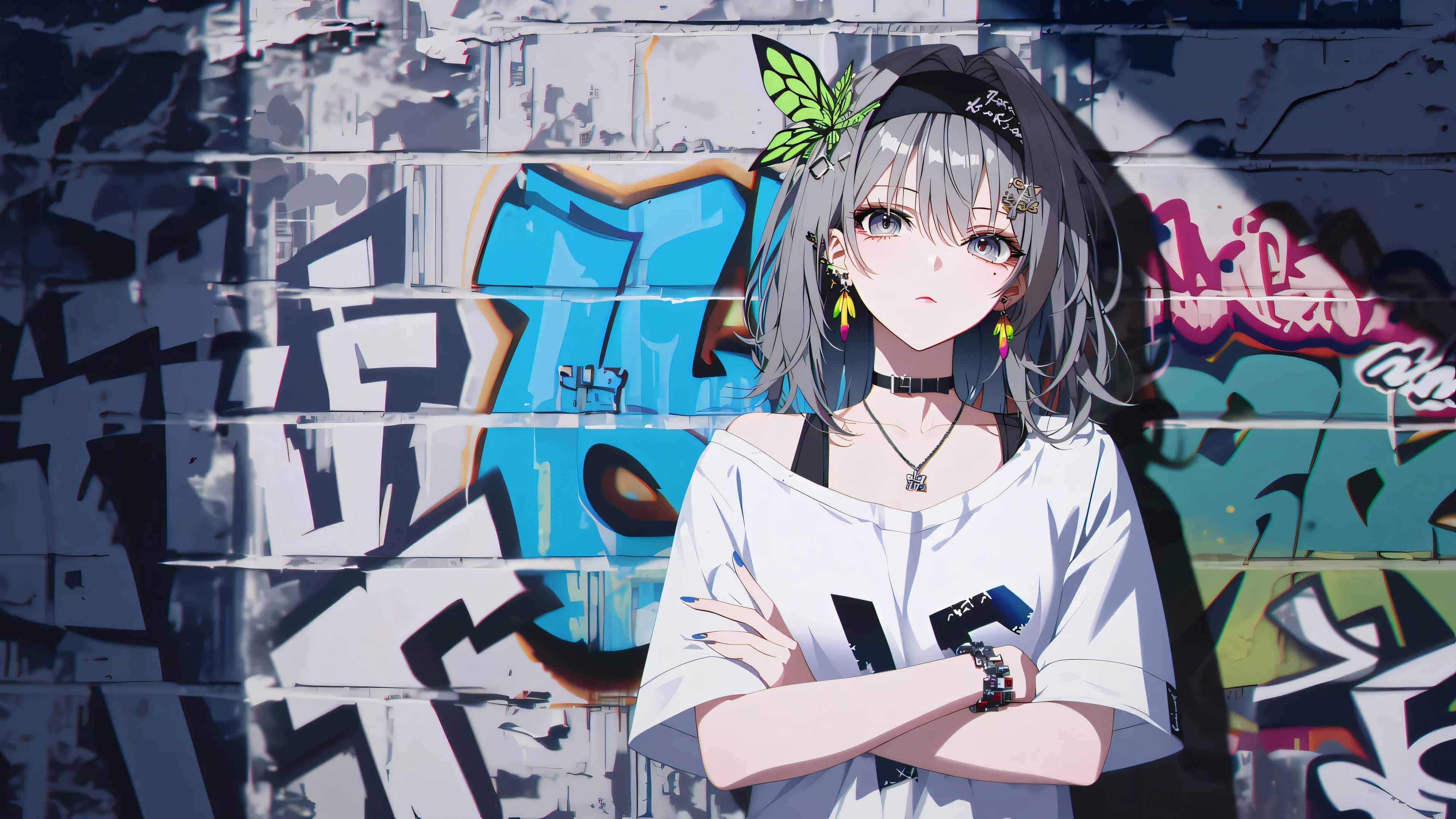 蝴蝶发饰灰发少女