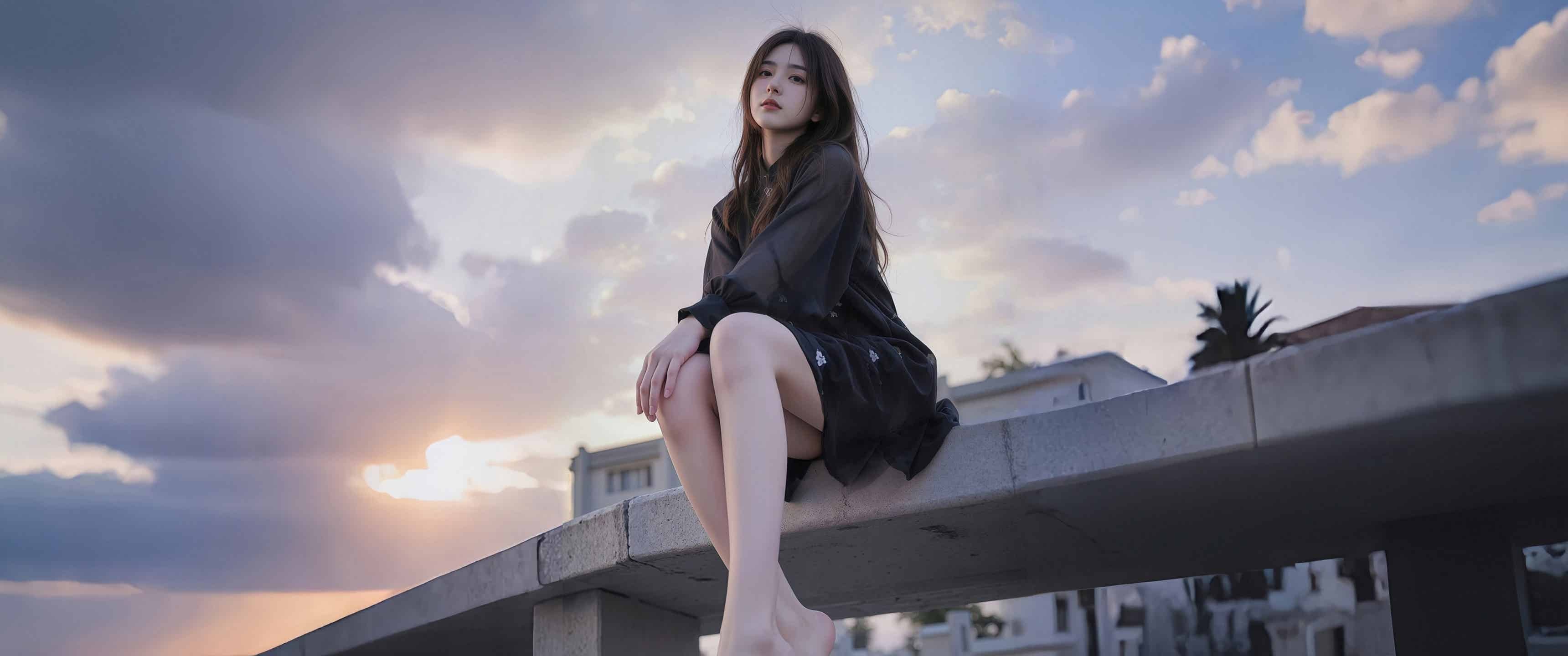 天台日落的黑裙少女