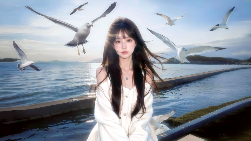 海边海鸥少女